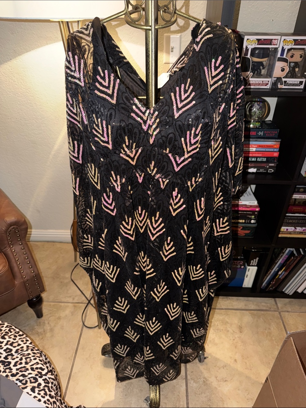 Black Sheer Sequin Overlay with Gold Chevron Motif